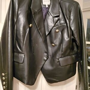 Vegan Leather Black Double-Breasted Blazer with Gold Buttons SZ XL